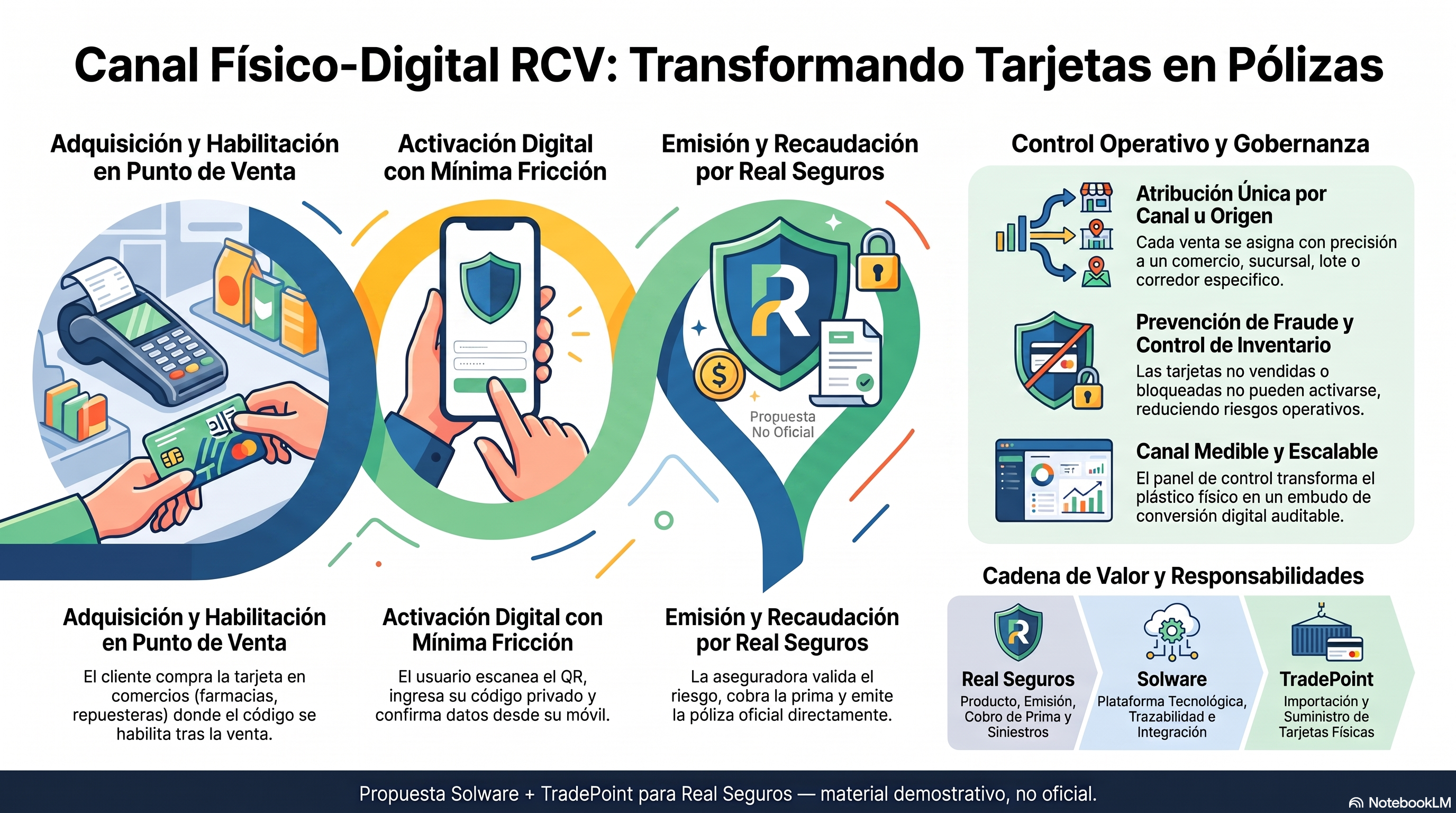 Infografía: de tarjeta en comercio a póliza digital, gobernanza y cadena de valor Solware, TradePoint y Real Seguros.
